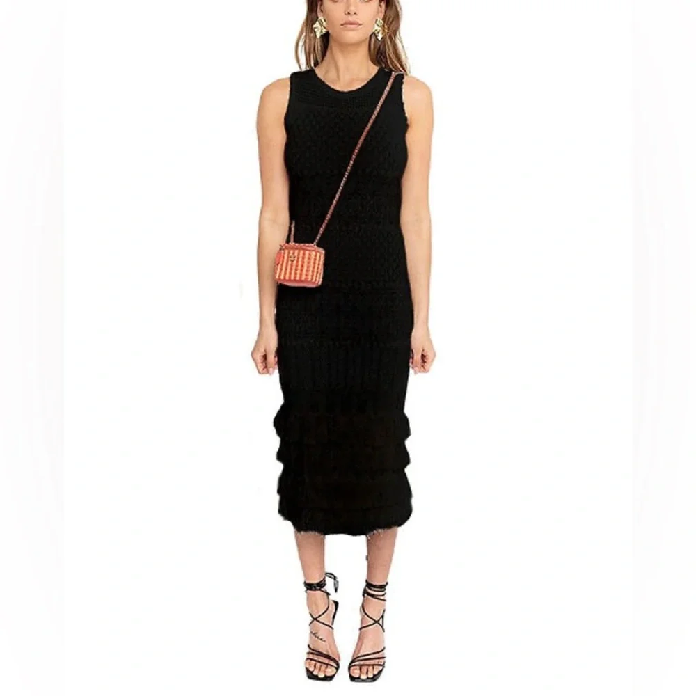 Torn By Ronny Kobo Ryan Black Crochet Knit Fringe Midi Dress Small